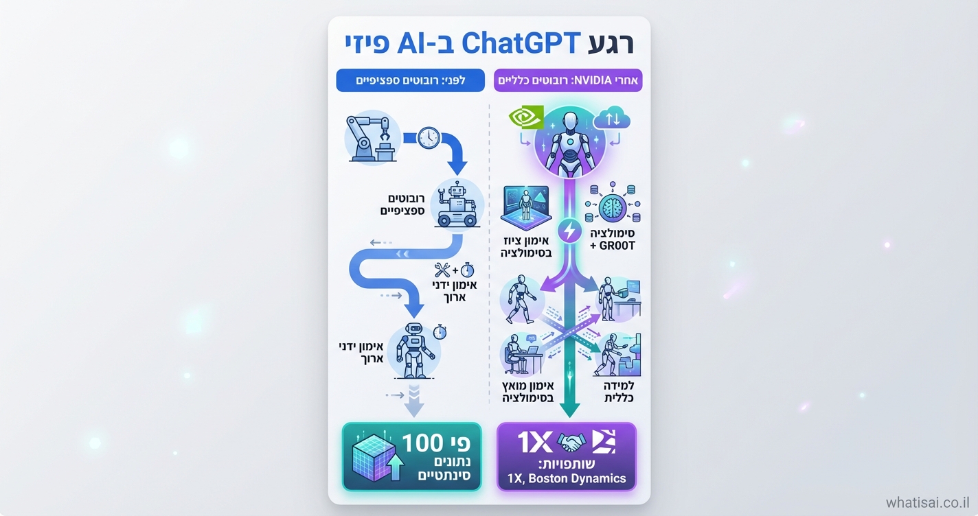 Vertical 9:16 infographic in clean modern style like Kurzgesagt, tall narrow layout. Top: Bold Hebrew title "רגע ChatGPT ב-AI פיזי" in blue. Center: Split timeline flowchart, left column (blue tones) "לפני: רובוטים ספציפיים" with icons of simple robots (arrows showing slow progress, labeled "אימון ידני ארוך"), right column (purple/teal gradient) "אחרי NVIDIA: רובוטים כלליים" with humanoid icons (fast arrows, labeled "סימולציה + GR00T"). Bottom: Key stats boxes - "פי 100 נתונים סינתטיים" (teal), "שותפויות: 1X, Boston Dynamics" (purple). Light gray gradient background, glowing accents. Small credit text: whatisai.co.il bottom-right corner.
