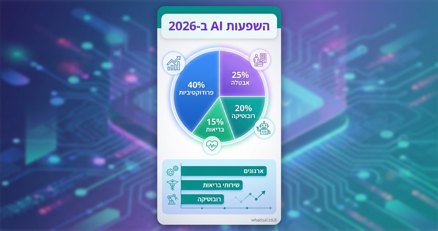 Vertical 9:16 pie chart + bar graph combo in modern infographic style. Top: "השפעות AI ב-2026" Hebrew title purple on teal header. Upper half: pie chart divided into 4 slices - blue 40% "פרודוקטיביות", purple 25% "אבטלה", teal 20% "רובוטיקה", green 15% "בריאות"; each slice with Hebrew label and percentage, icons (graph up, worker out, robot, heart). Lower half: horizontal teal bars for sectors: Enterprise (longest), Healthcare, Robotics. Blues/purples/teals, white text, gradient bg. Small credit: whatisai.co.il bottom-right.
